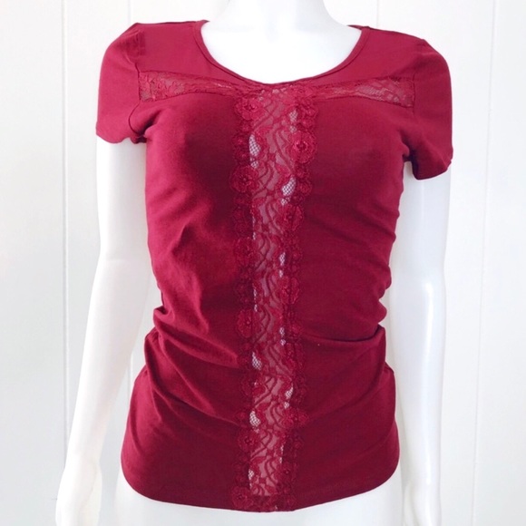 NWOT Burgundy Sheer Lace Mesh Cutout Fitted Tee - Picture 3 of 13